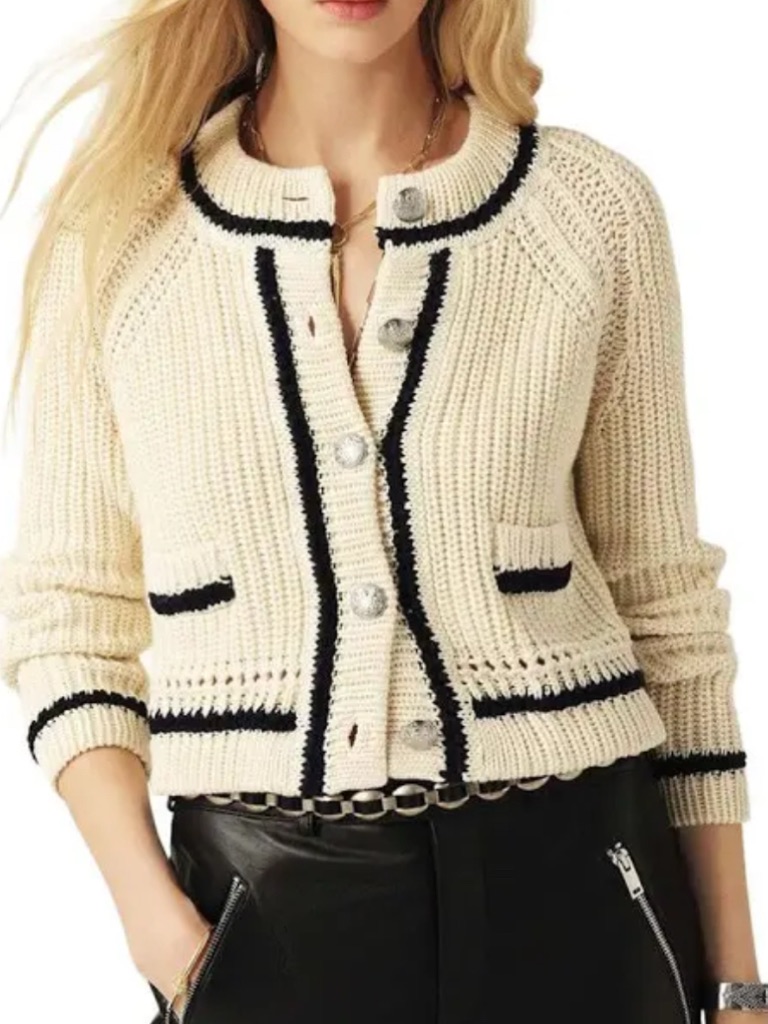Ba&Sh Cream Knit Button-Up Sweater Cardigan With Navy Trim